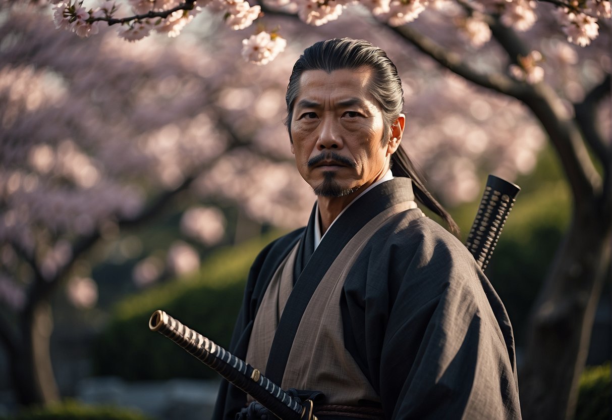 A samurai stands in a tranquil garden, surrounded by cherry blossom trees. He holds a katana and gazes into the distance, embodying the spirit of Musashi's quotes